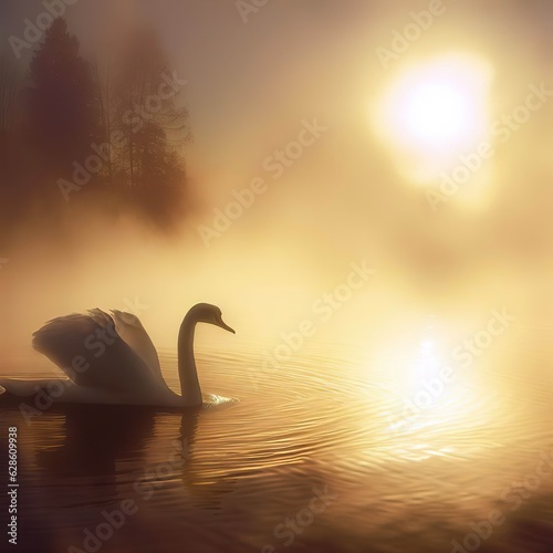 Swan swims in the mist on a winter lake in the sun at sunset