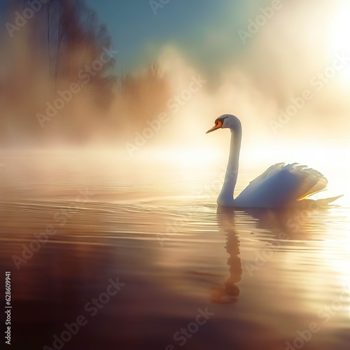 Swan swims in the mist on a winter lake in the sun at sunset © Lupu