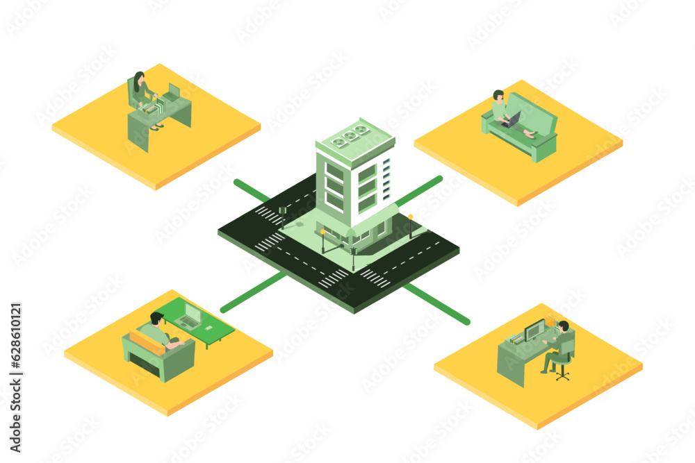 Vector illustration of Isometric business man amd woman working at home with laptop and papers on desk. Business Analytics technology using big data, cloud computing, statistical model. flat design Vector illustration of Isometric business man amd woman working at home with laptop and papers on desk. Business Analytics technology using big data, cloud computing, statistical model. flat design