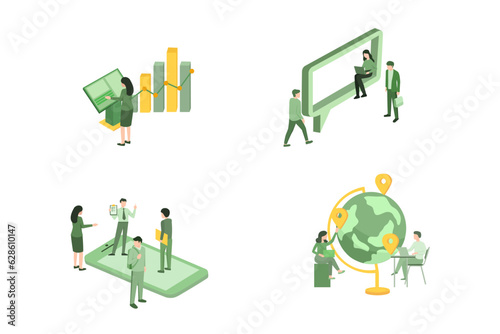 Vector illustration of Businessmen and business woman in different situations. Online cooperation, agreement, success, goal achievement, financing of projects, online consultation. Teamwork