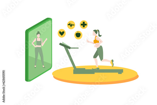 Vector illustration about Running simulator. Isometric training online, woman in sportswear running on a treadmill. Fitness and Health icons. Running machine or track. flat design for website, banner