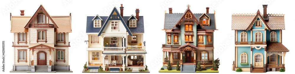 collection of vintage classic wooden dollhouse toy on transparent background