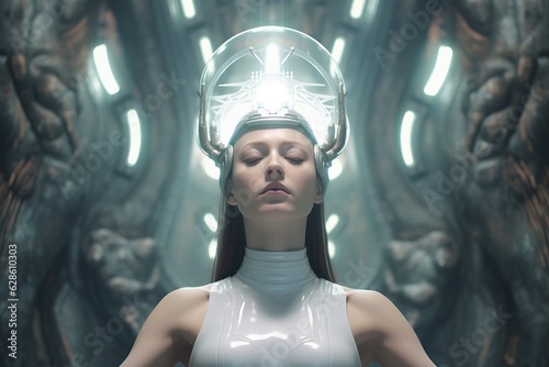 a woman in a futuristic outfit with her hands on her head