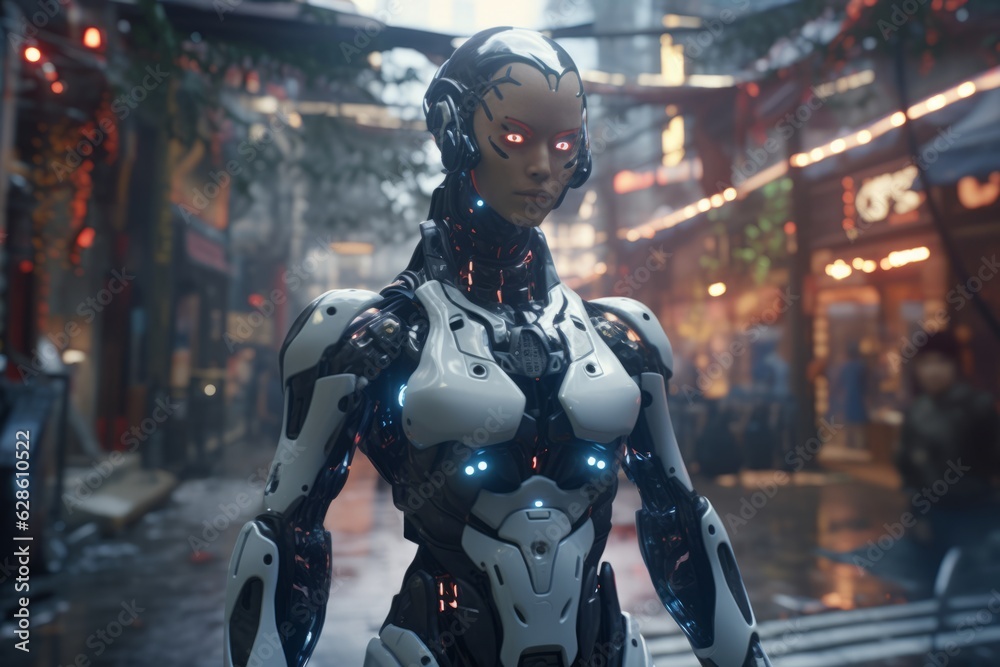 a woman in a futuristic suit standing in the middle of a city street a woman in a futuristic suit standing in the middle of a city street