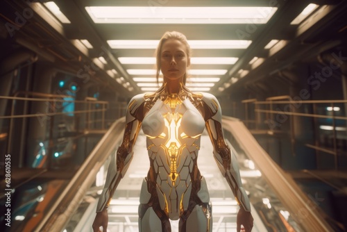 a woman in a futuristic suit standing on an escalator © AberrantRealities