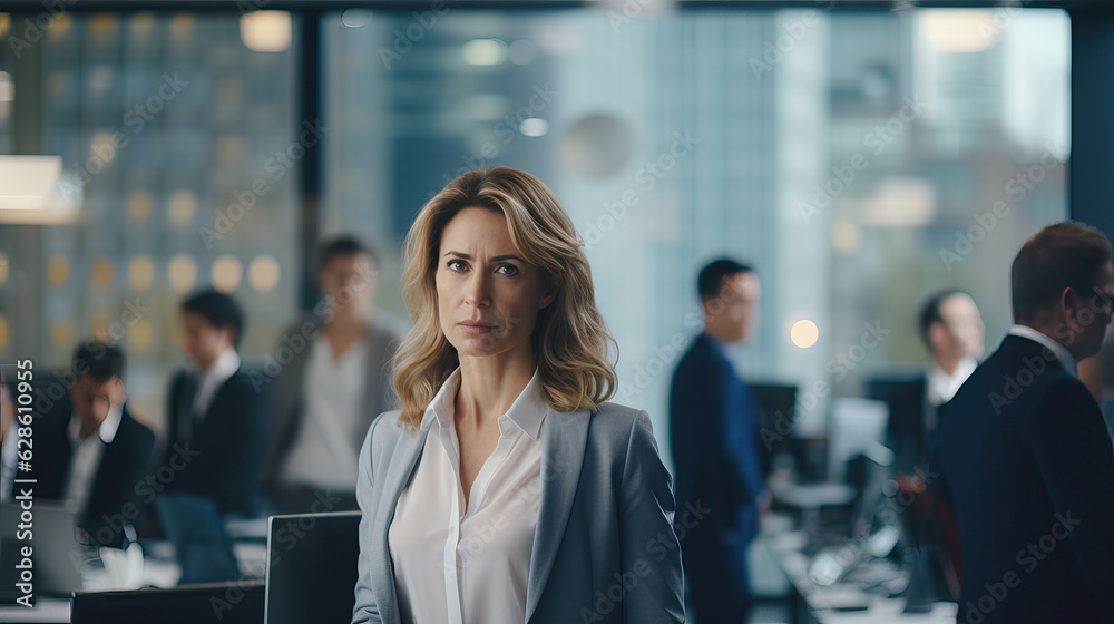 middle age of working woman and team serious mood, modern office tower view. middle age of working woman and team serious mood, modern office tower view.