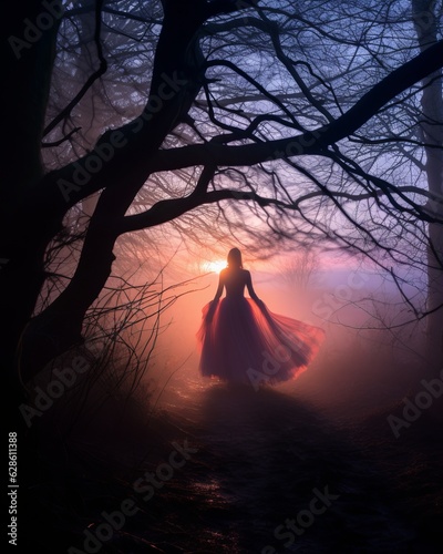 a woman in a red dress walking through a foggy forest at sunset