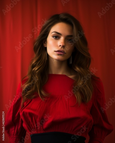 a woman in a red top and earrings
