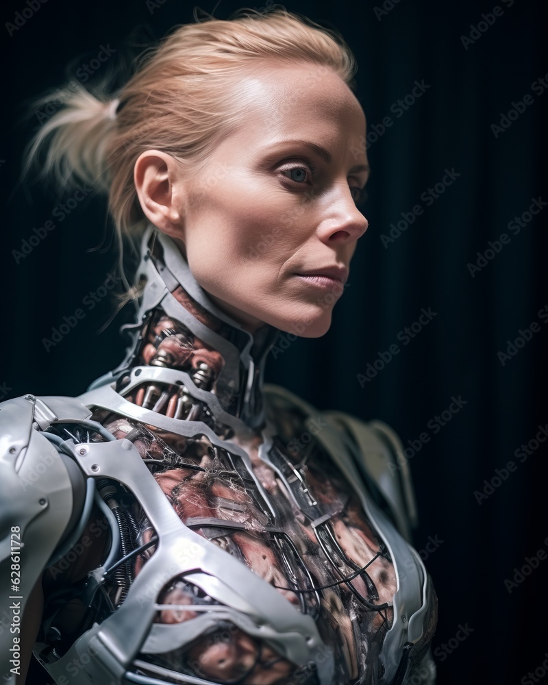 a woman in a robot suit with her back to the camera a woman in a robot suit with her back to the camera