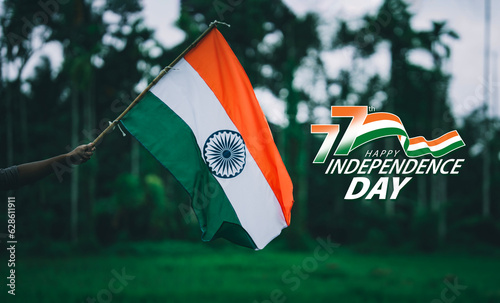 Canvas Print 77th India Independence day photography, hand holding Indian flag