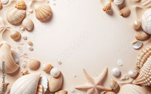Summer vacation and travel concept with shells and starfish in beige colors. For banners, backgrounds, covers, wallpapers and other projecrs.