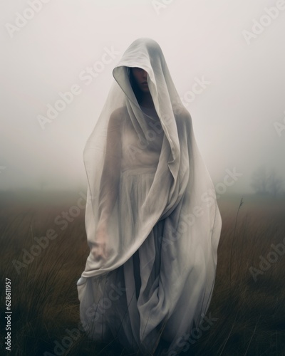 a woman in a white dress standing in a foggy field