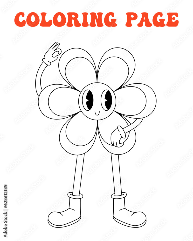 70s, 80s groovy coloring page, retro print with line cute flower with face. Printable worksheet with solution for school and preschool. Summer vibe, spring holiday.