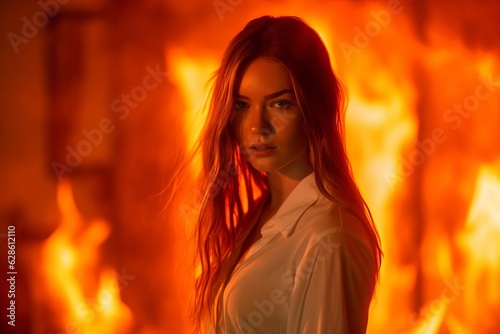 a woman in a white shirt standing in front of a fire