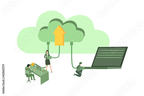 Engineers servicing cloud database system vector illustration. Cloud computing flat landing page. Hosting platform administrating, data center computing web page composition with people characters.