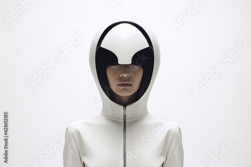 a woman in a white suit with a hood on her head