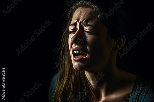 a woman is crying in the dark