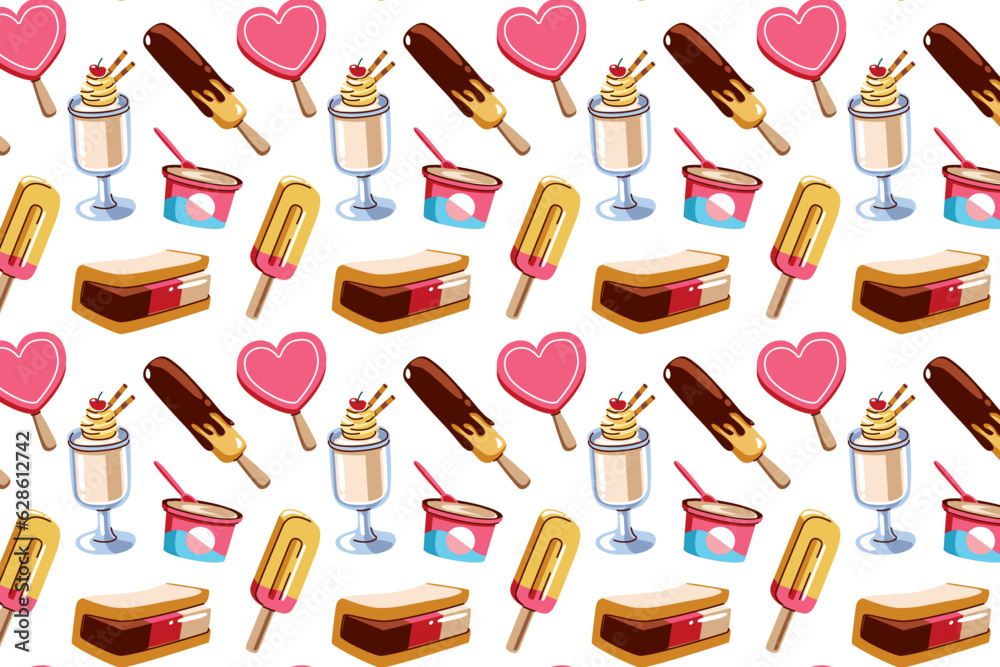 ice cream and Popsicle with heart pattern background vector illustration graphic design