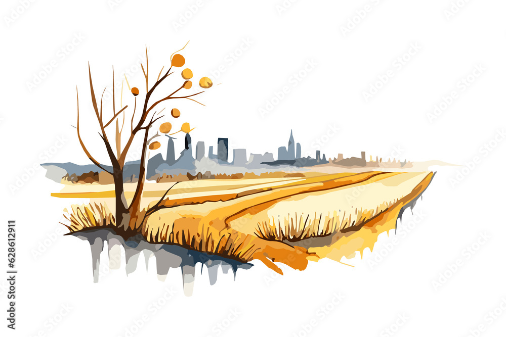 Watercolor golden field with crops on transparent background, PNG. Hand