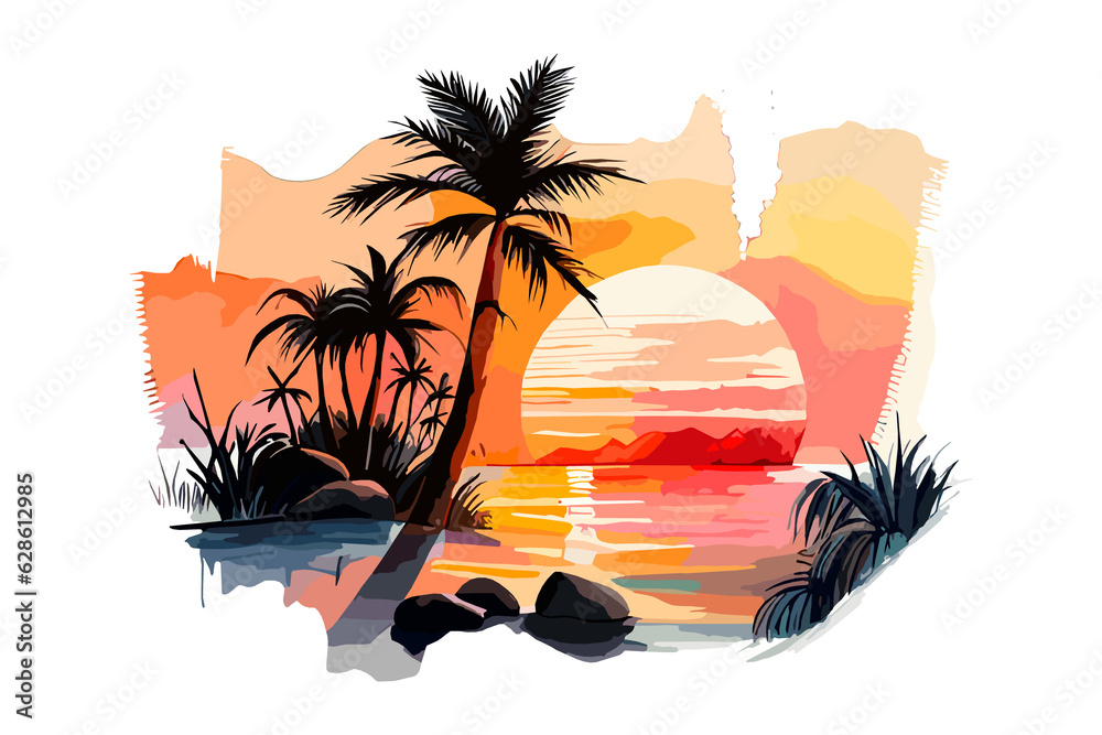 Watercolor sunset painting with palm trees on the sea beach ...