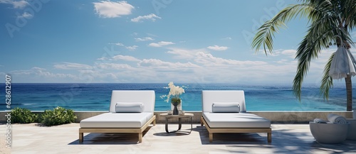 Lounge chairs next to the pool near a beach © Photo And Art Panda