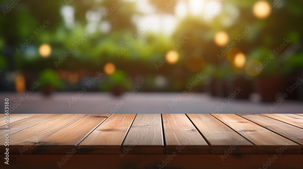 Empty Wooden Table Top and blurred bokeh lights in garden background Empty Wooden Table Top and blurred bokeh lights in garden background