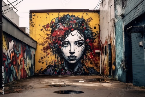 a woman is painted on a wall in an alley