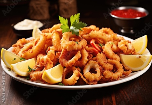 Fried Calamari on a plate topped with celery and fresh oranges © alauli