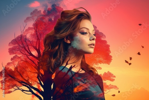 a woman is standing in front of a tree with a sunset in the background