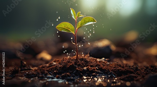 Fotografia young plant with drop of water in sunlight, Growing plant grow up