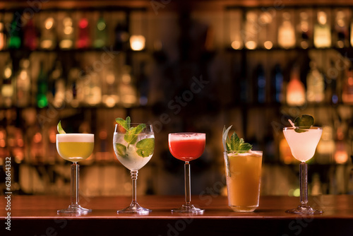 Fotografi Close up of cocktails of different colors in different glasses standing on the b