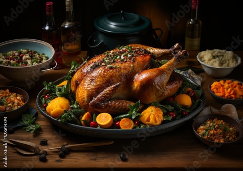 Christmas or Thanksgiving turkey, dinner on a dining table