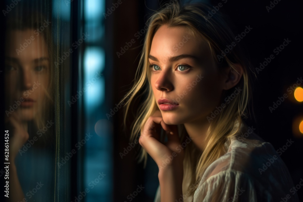 a woman looking out the window at night a woman looking out the window at night