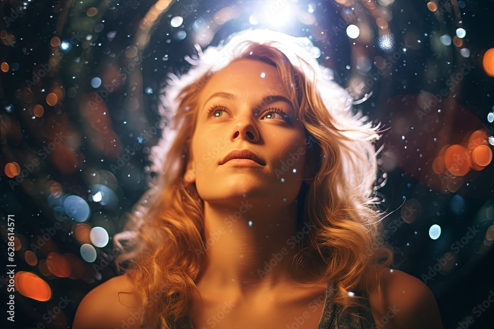 a woman looking up at the sky with stars in the background a woman looking up at the sky with stars in the background