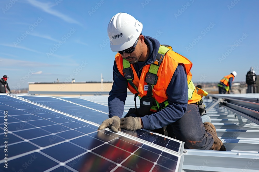 A handyman installing solar panels on the rooftop A handyman installing solar panels on the rooftop