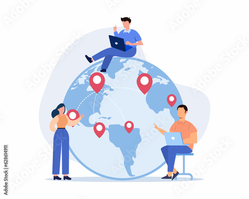 Business team sitting on globe with connected location marks and working on laptop global international network
