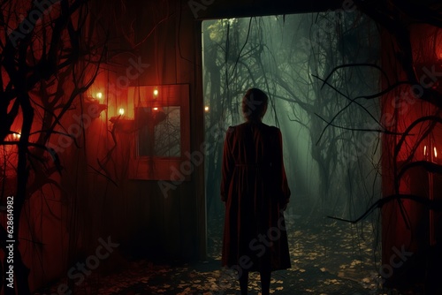 a woman standing in a dark room with candles and trees