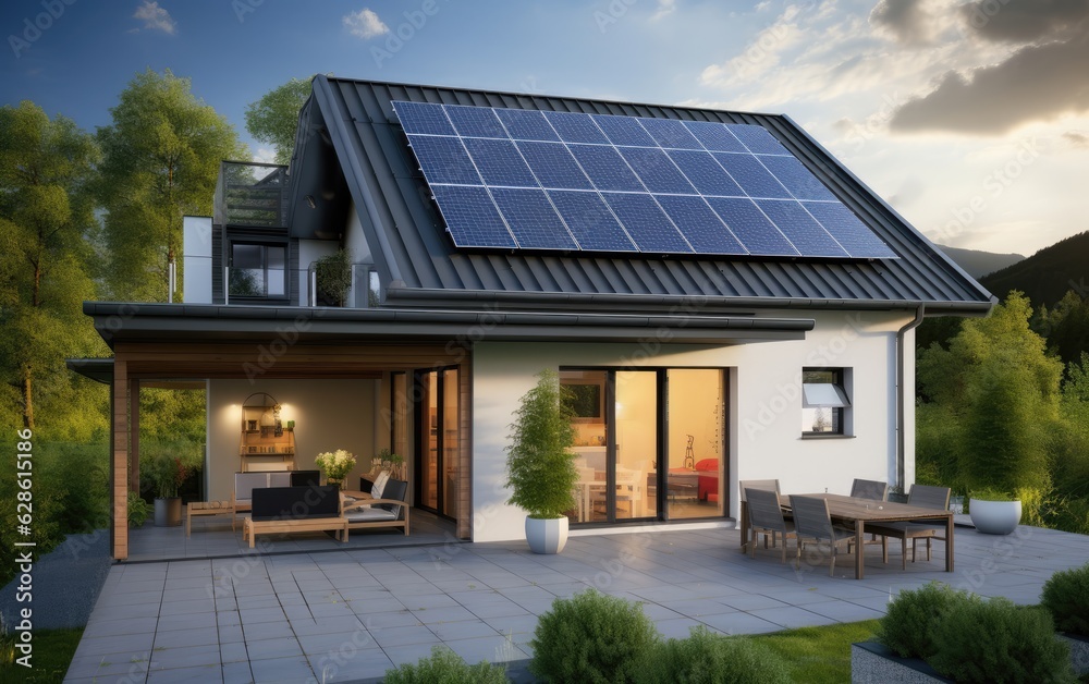 Fototapeta premium Solar panels on the gable roof of a beautiful modern home