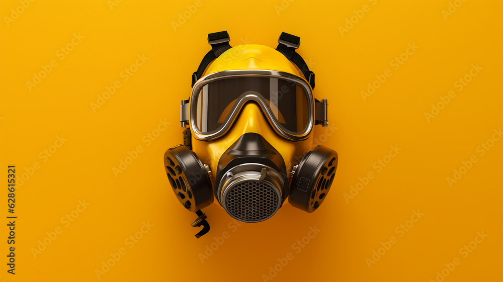 Vintage mask for respiratory protection from gas on yellow background, environmental toxic substances - obrazy, fototapety, plakaty 