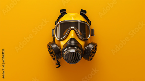 Vintage mask for respiratory protection from gas on yellow background, environmental toxic substances photo