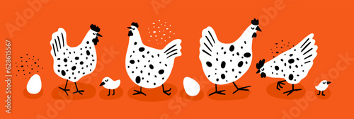 A set of fun funny chickens, chickens and eggs. Cute children's bird illustrations. Print for clothes, fabrics