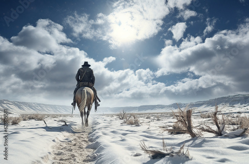 portrait of cowboys on horses at snow Generative AI © Paula