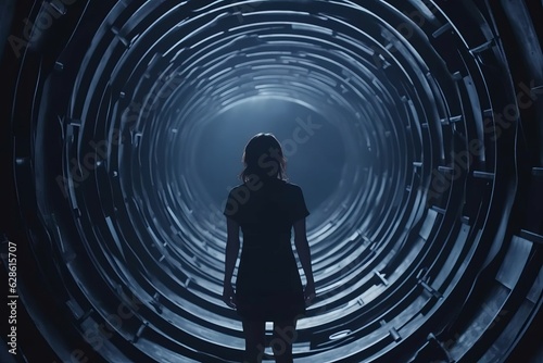Fototapeta Naklejka Na Ścianę i Meble -  a woman standing in the middle of a dark tunnel