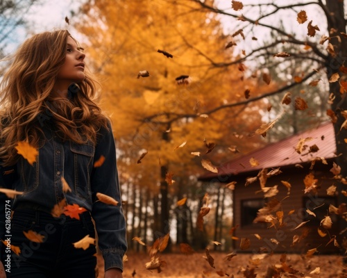 a woman standing in the middle of an autumn forest with fallen leaves