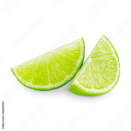 Two slices of fresh green juicy lime citrus fruit are a rich source of vitamin C, of sour taste, and are often used in culinary as an ingredient in refreshing cocktails for flavouring and garnish photo