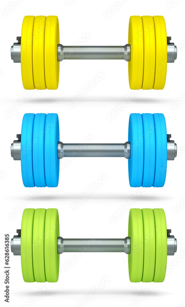 Set of dumbbells with rubber disks isolated on white background Set of dumbbells with rubber disks isolated on white background