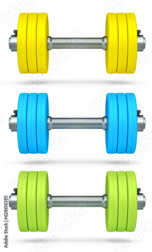 Set of dumbbells with rubber disks isolated on white background