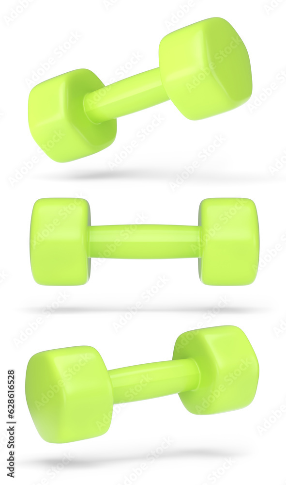 Set of dumbbells with rubber disks isolated on white background Set of dumbbells with rubber disks isolated on white background