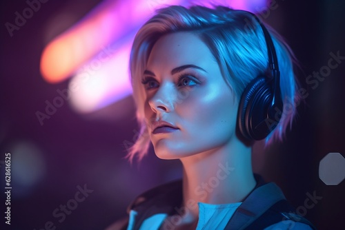 a woman wearing headphones in front of neon lights