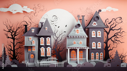 halloween background with house made in Paper Art for Halloween concept